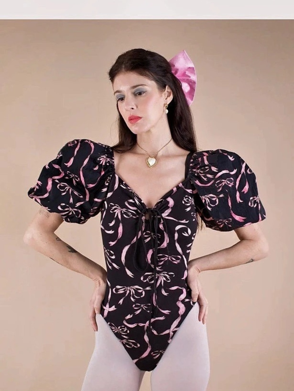 Samantha Pleet Guinevere Bodysuit - Ribbon in Black & Pink - Size XS